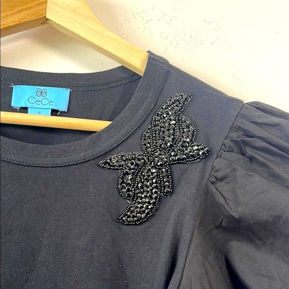 CeCe Black Puff Sleeve Embellished Blouse - Picture 5 of 6